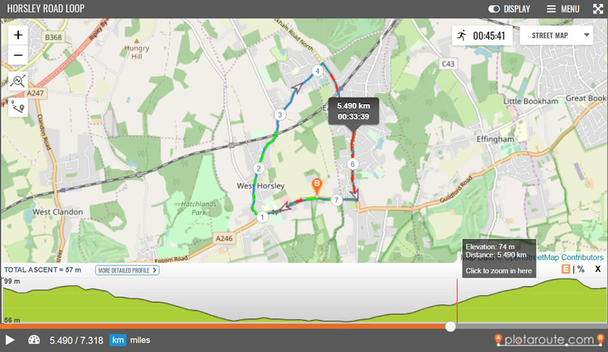 Route map showing hill profile and hilliness shading.