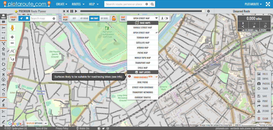 Road Bikeable map layer on the plotaroute.com route planner