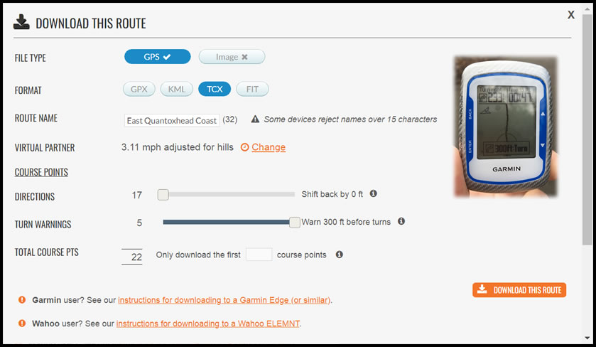 Turn warnings option when downloading routes from the plotaroute.com route planner